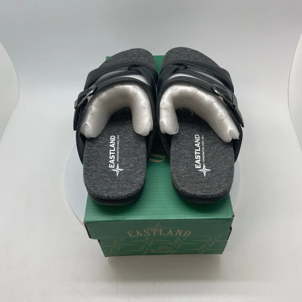 Eastland Bar Harbor Womens 11 Black Leather Strappy Slip Ons Shoes 3290-01M New